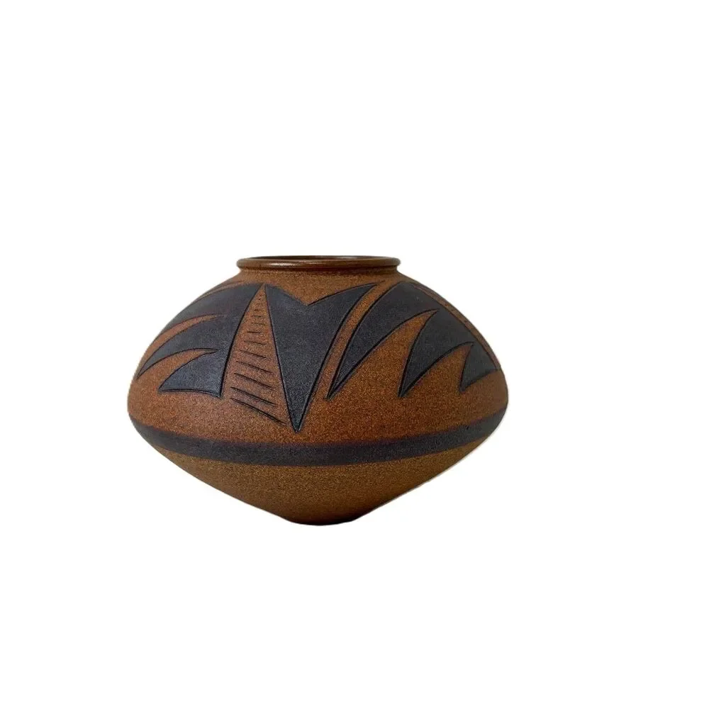 Vintage Steve Dominguez Vase Mid Century Geometric Design Brown Stoneware Vessel